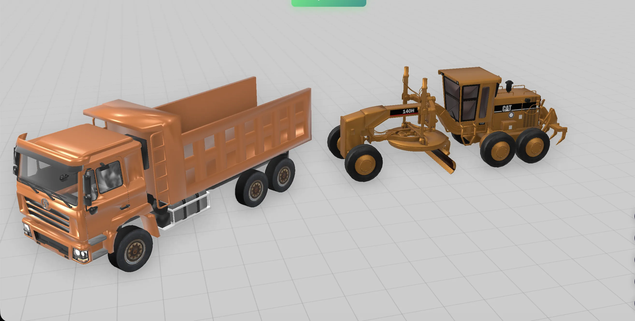 Base 3D models of dump truck and CAT motor grader on neutral grid, no textures or environment