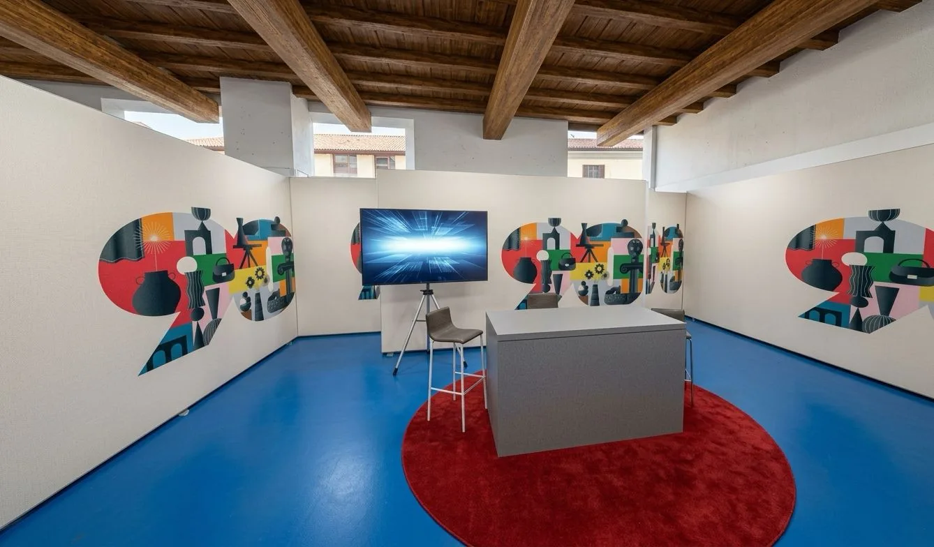 Rendering IA fotorealistico dello stand fieristico con illuminazione naturale bilanciata, pareti pulite, travi a vista realistiche con ombre morbide, pavimento blu lucido perfetto e ogni dettaglio credibile