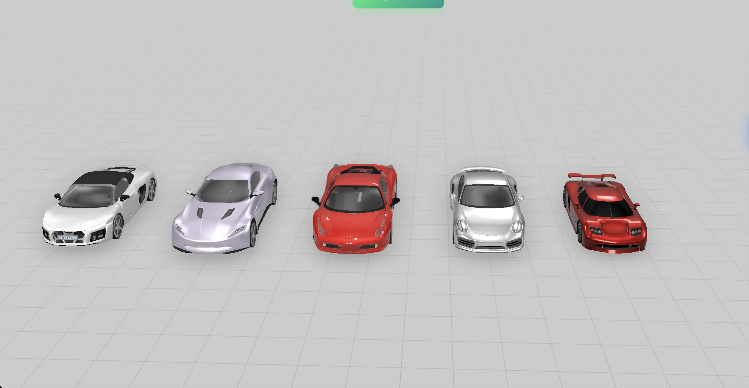 Cinque modelli 3D di supercar allineati su griglia neutra grigia senza ambiente, texture o illuminazione