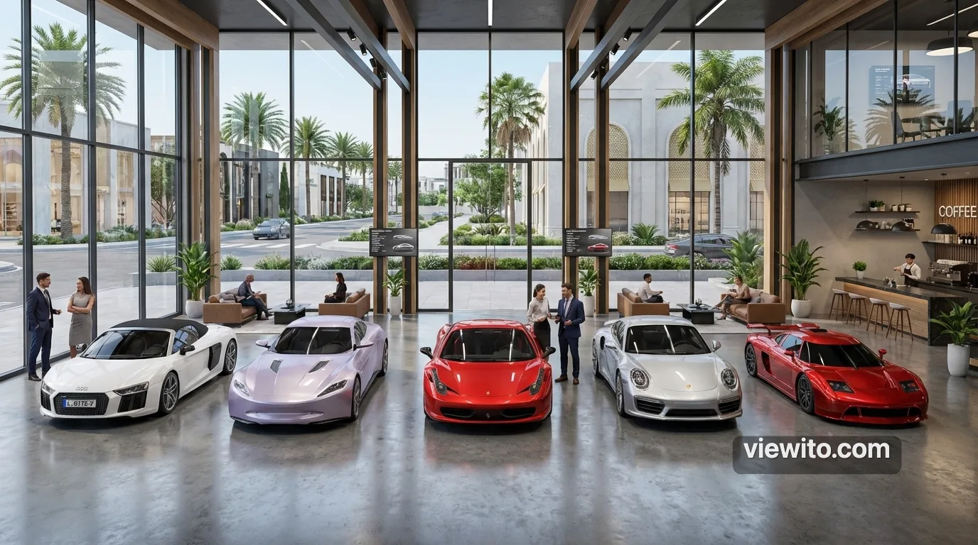 Rendering IA showroom automotive con supercar e persone