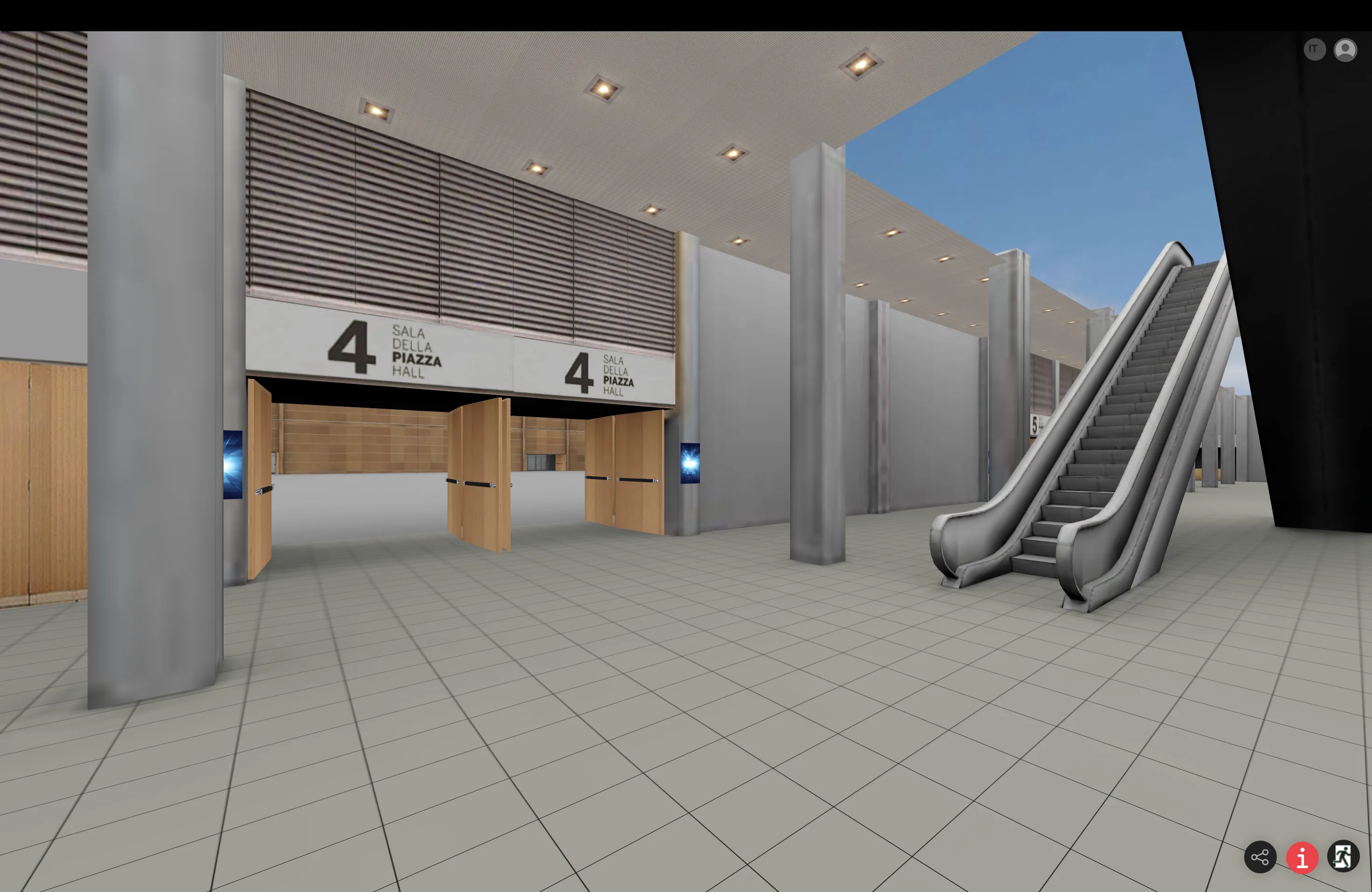 Modelo CGI de entrada de feria con columnas, escaleras mec&aacute;nicas, letrero Sala 4 della Piazza, suelo de baldosas e iluminaci&oacute;n artificial plana