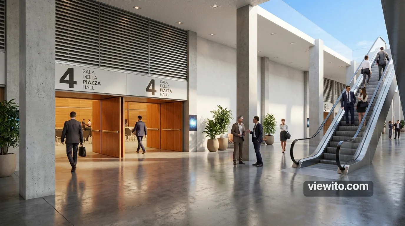 Rendering IA fotorealistico ingresso fieristico con persone