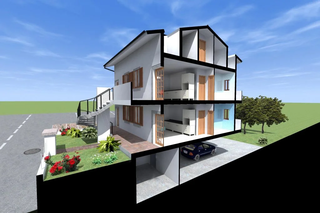 3D architectural section - Multi-story building interior view